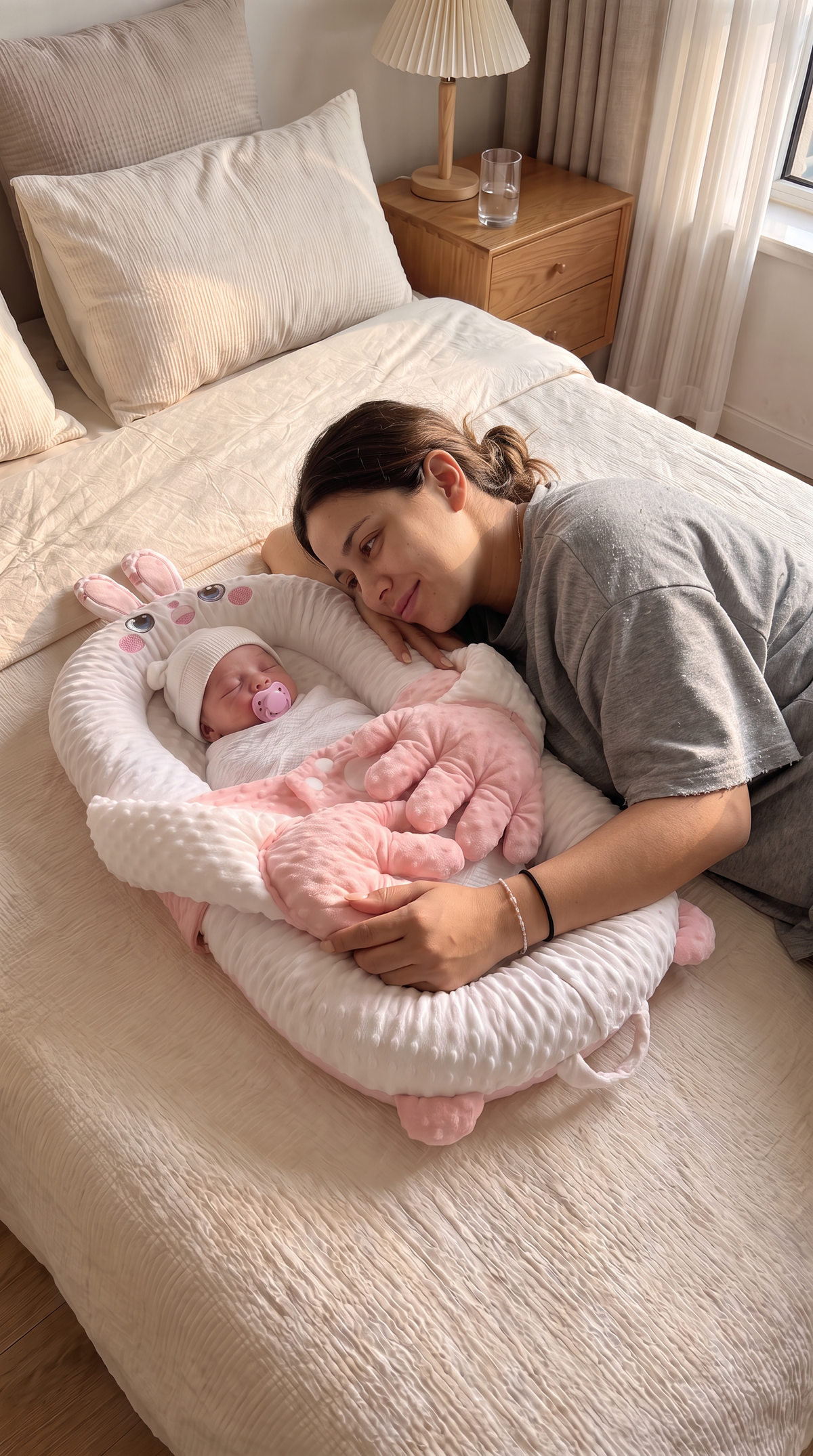 The Nooki Nest plush lounger with patting hands
