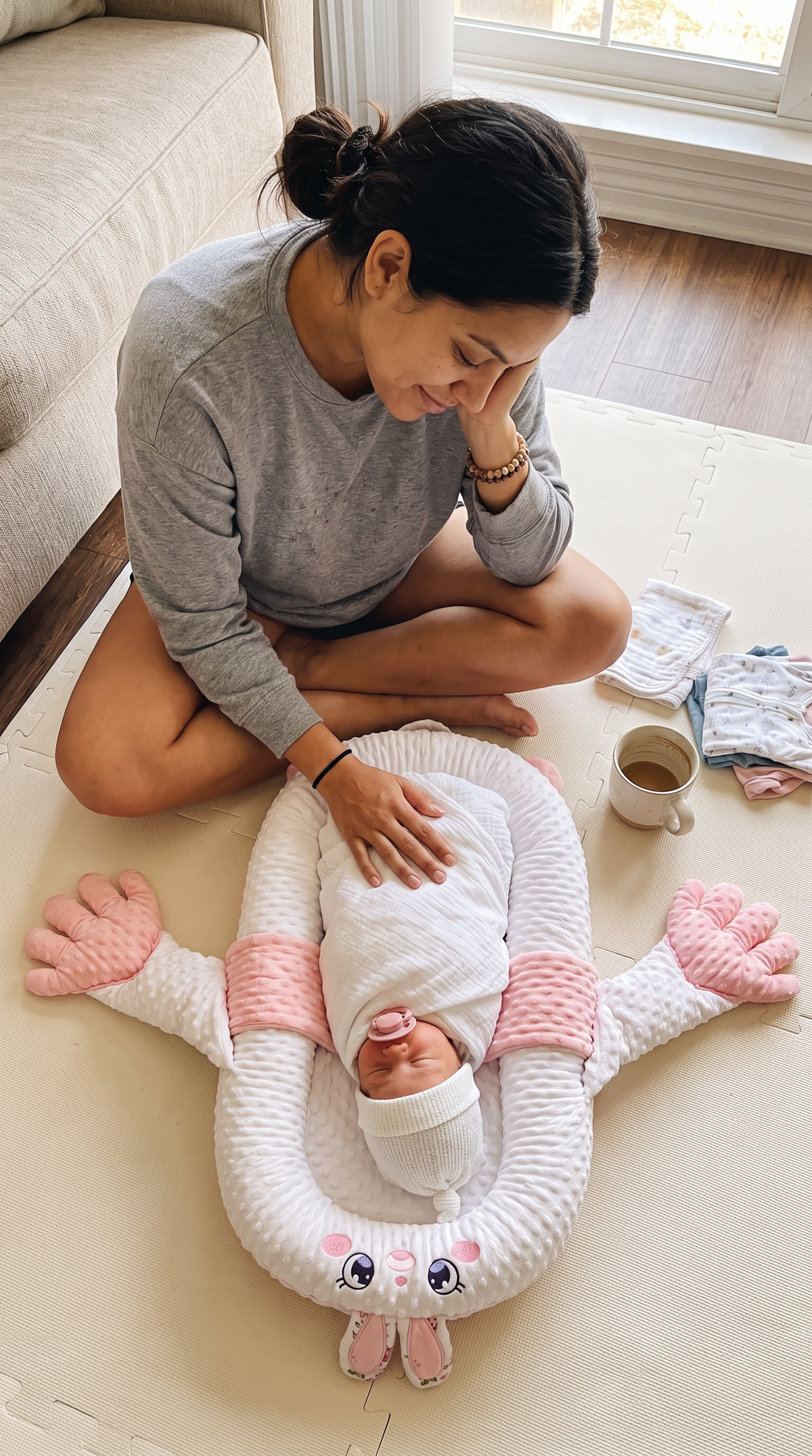 Baby resting in the Nooki Nest with its plush hands